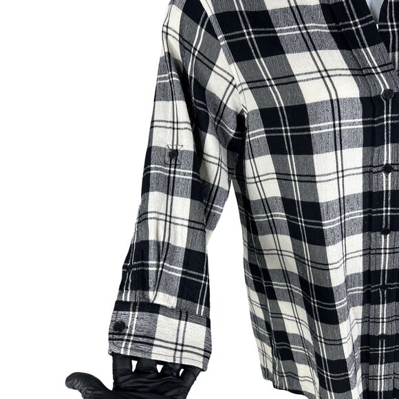 Theory Women 10 Black White Tartan Plaid Button Up Tunic Shirt Virgin Wool Blend - Picture 2 of 15
